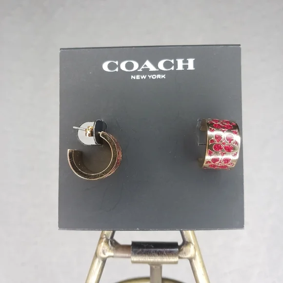 Coach Signature C Huggie Huggy Sparkle Red Gold Enamel Hoop Earrings - Picture 6 of 6
